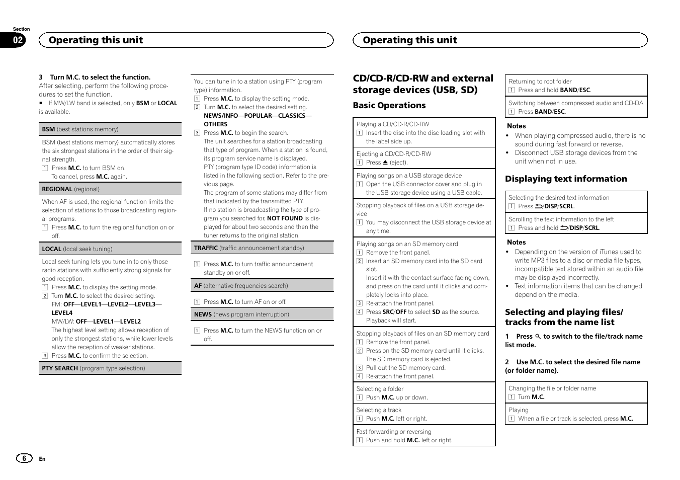 Cd/cd-r/cd-rw and external storage, Devices (usb, sd), Operating this unit 02 | Operating this unit | Pioneer DEH-6300SD User Manual | Page 6 / 136