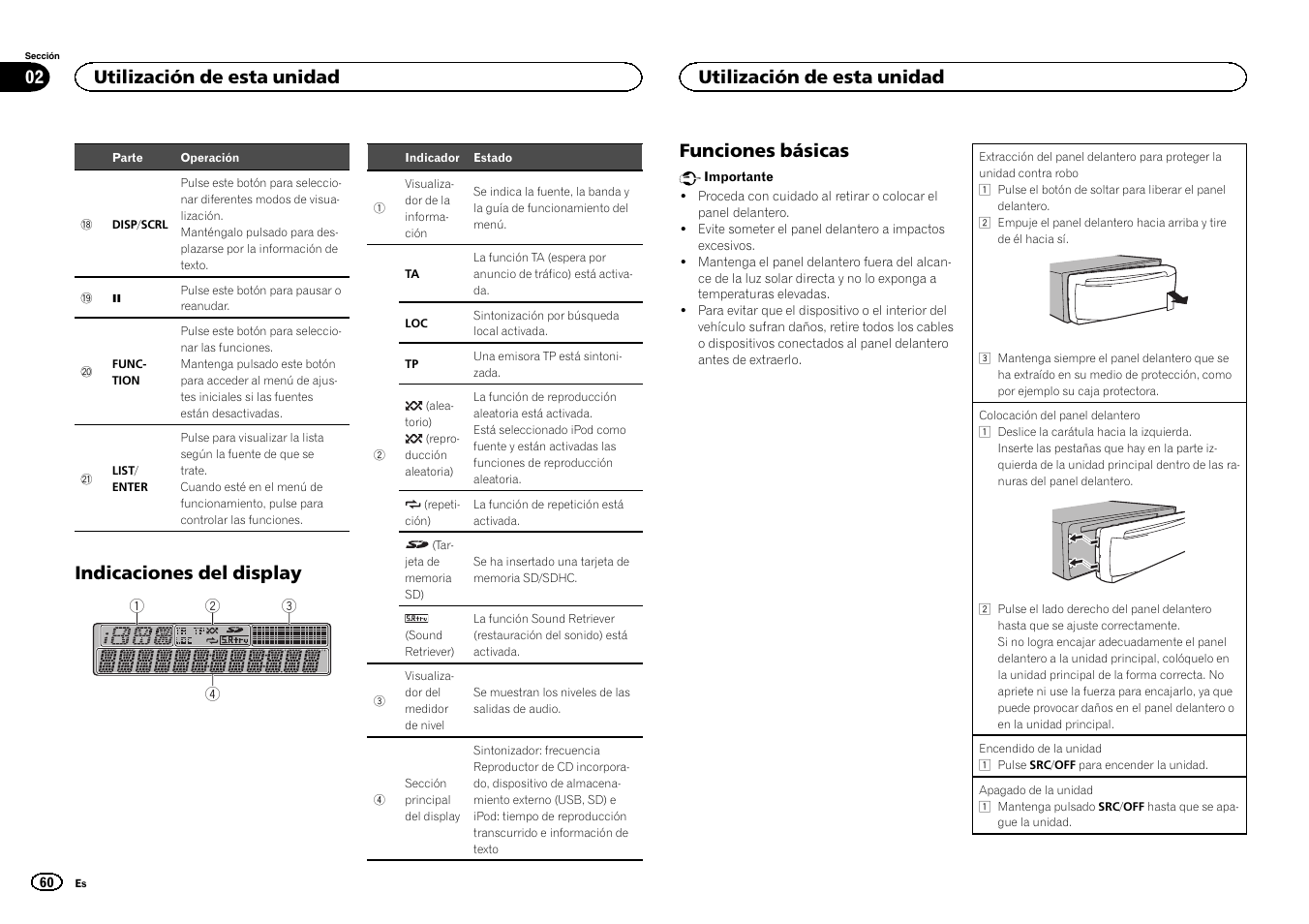 Indicaciones del display, Funciones básicas, Utilización de esta unidad 02 | Utilización de esta unidad | Pioneer DEH-6300SD User Manual | Page 60 / 136