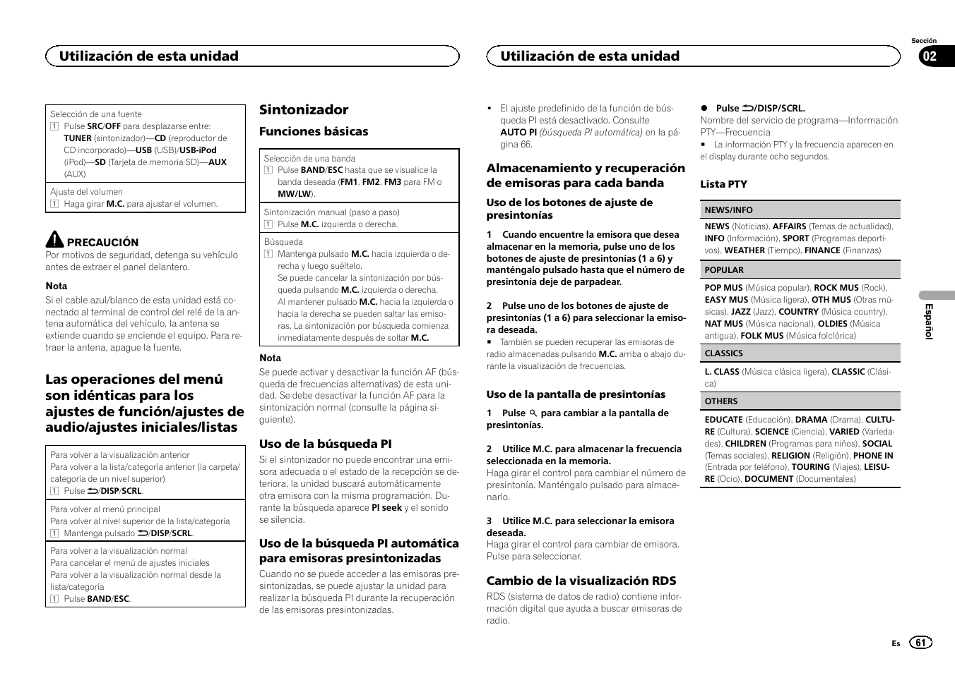 Las operaciones del menú son idénticas, Sintonizador, Utilización de esta unidad 02 | Utilización de esta unidad | Pioneer DEH-6300SD User Manual | Page 61 / 136