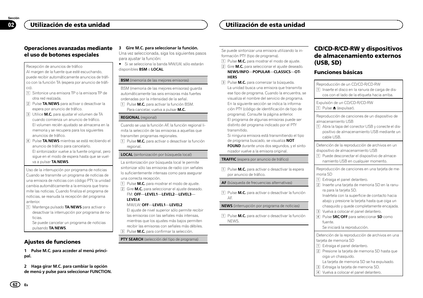 Cd/cd-r/cd-rw y dispositivos de, Almacenamiento externos (usb, sd), Utilización de esta unidad 02 | Utilización de esta unidad | Pioneer DEH-6300SD User Manual | Page 62 / 136