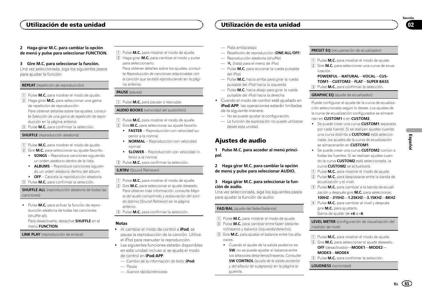 Ajustes de audio, Utilización de esta unidad 02, Utilización de esta unidad | Pioneer DEH-6300SD User Manual | Page 65 / 136