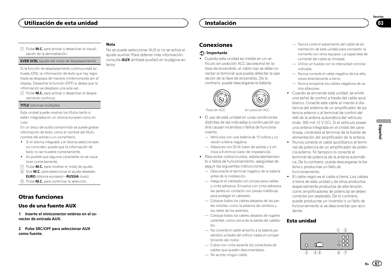 Otras funciones, Instalación conexiones, Conexiones | Utilización de esta unidad 03, Instalación | Pioneer DEH-6300SD User Manual | Page 67 / 136