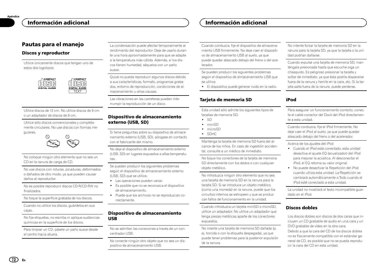 Pautas para el manejo, Información adicional | Pioneer DEH-6300SD User Manual | Page 72 / 136