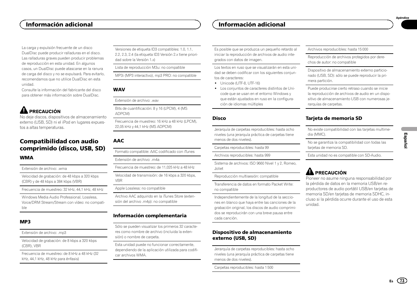 Compatibilidad con audio comprimido, Disco, usb, sd), Información adicional | Pioneer DEH-6300SD User Manual | Page 73 / 136