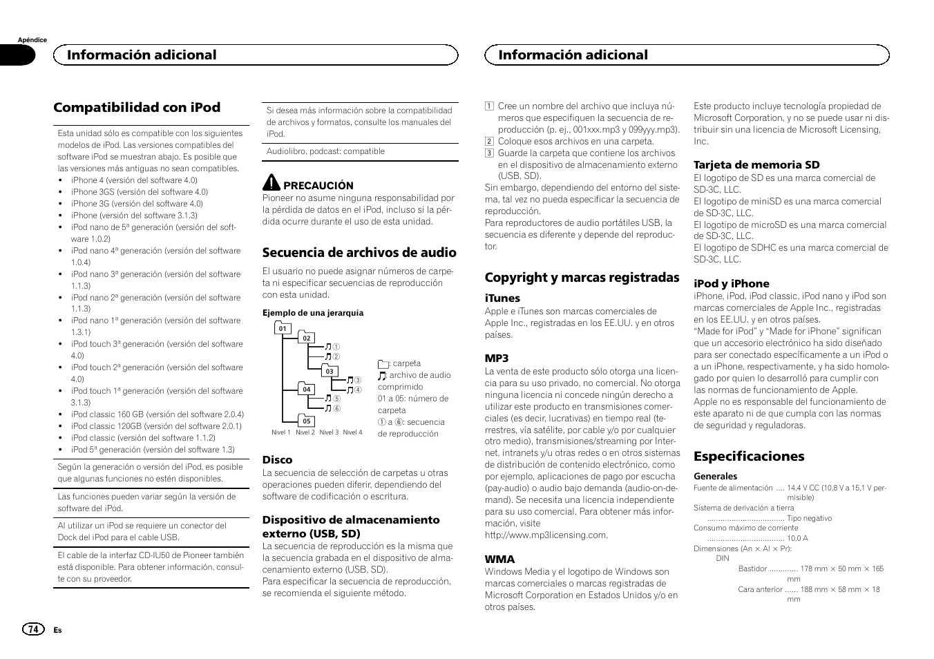Compatibilidad con ipod, Secuencia de archivos de audio, Copyright y marcas registradas | Especificaciones, Información adicional | Pioneer DEH-6300SD User Manual | Page 74 / 136