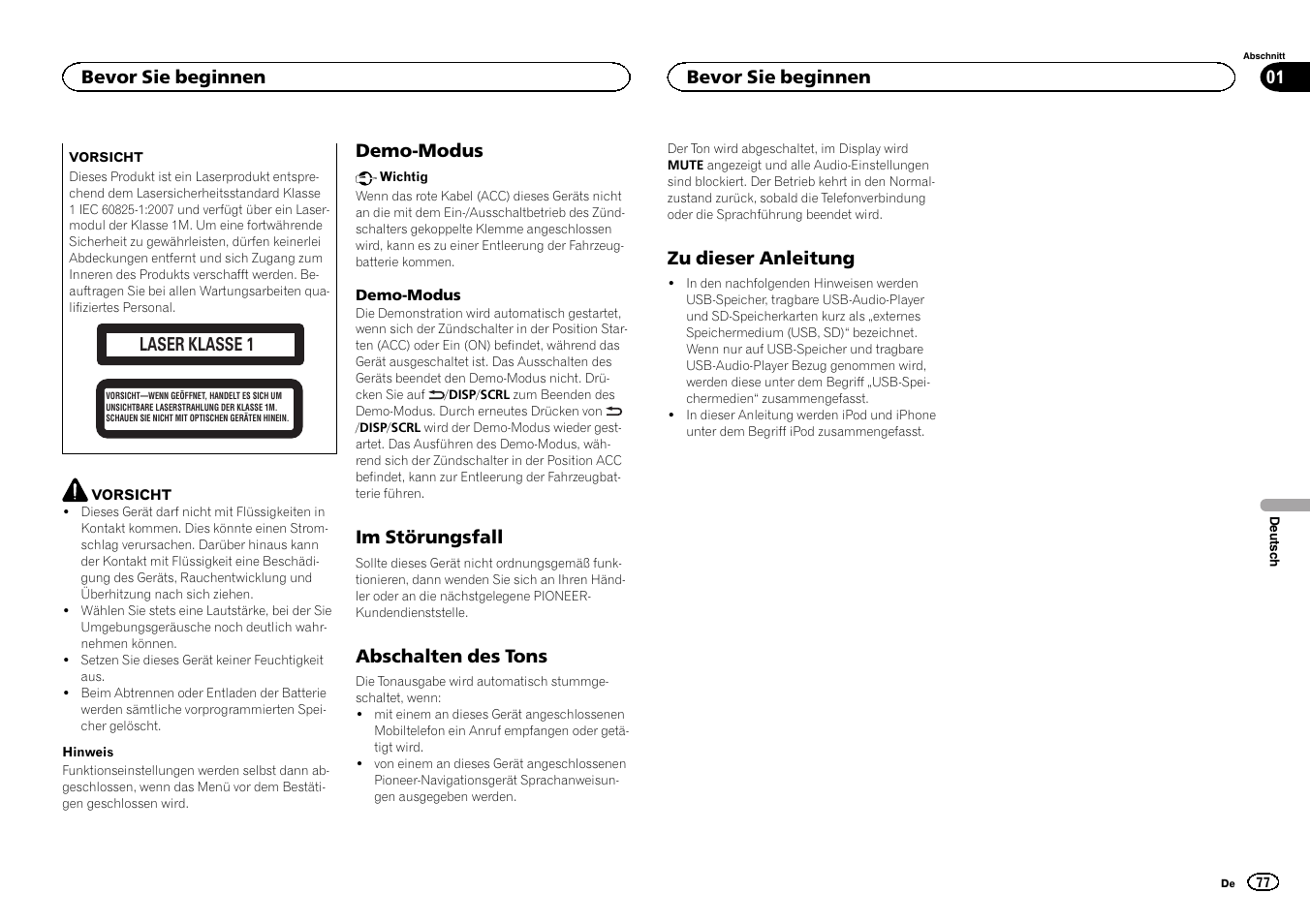 Demo-modus, Im störungsfall, Abschalten des tons | Zu dieser anleitung, Laser klasse 1, Bevor sie beginnen 01, Bevor sie beginnen | Pioneer DEH-6300SD User Manual | Page 77 / 136