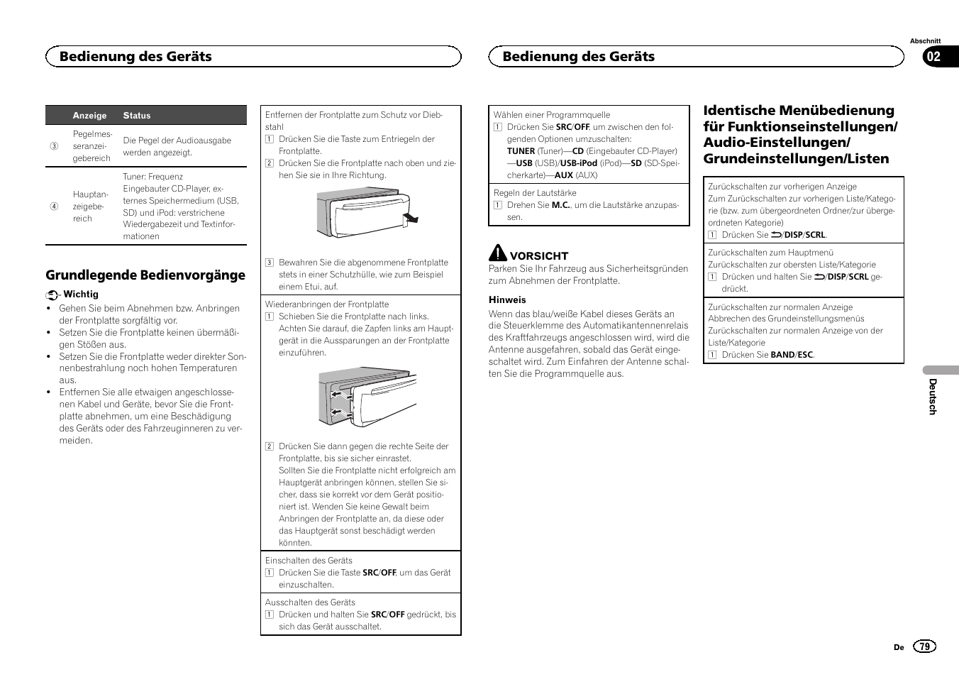 Grundlegende bedienvorgänge, Identische menübedienung für, Bedienung des geräts 02 | Bedienung des geräts | Pioneer DEH-6300SD User Manual | Page 79 / 136