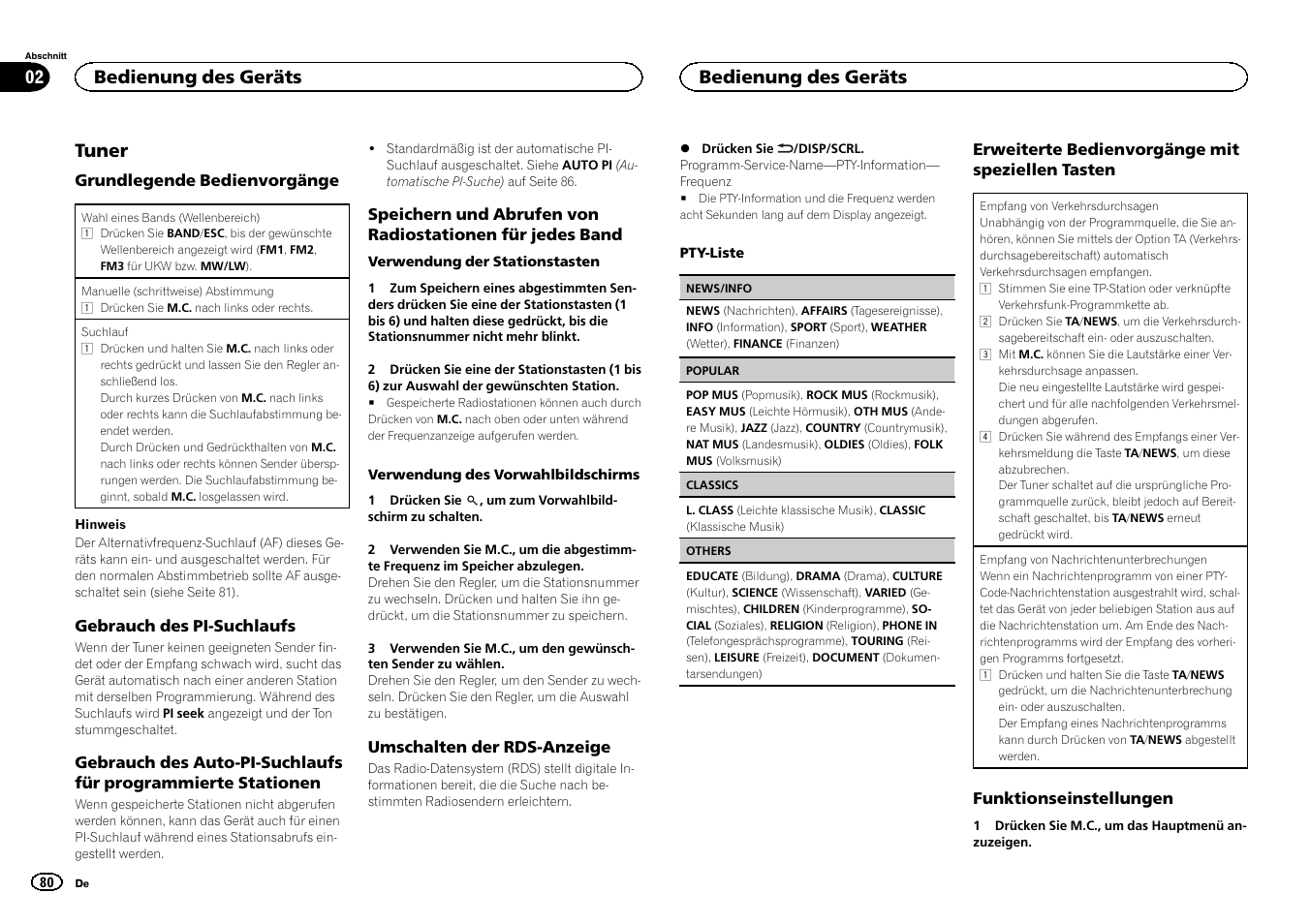 Tuner, Bedienung des geräts 02, Bedienung des geräts | Pioneer DEH-6300SD User Manual | Page 80 / 136