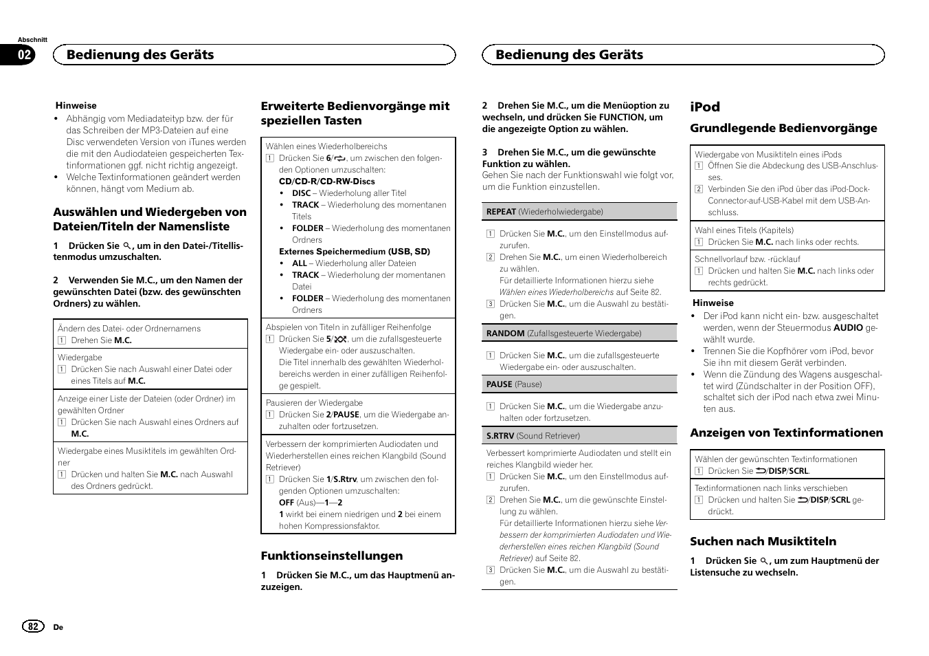 Ipod, Bedienung des geräts 02, Bedienung des geräts | Pioneer DEH-6300SD User Manual | Page 82 / 136