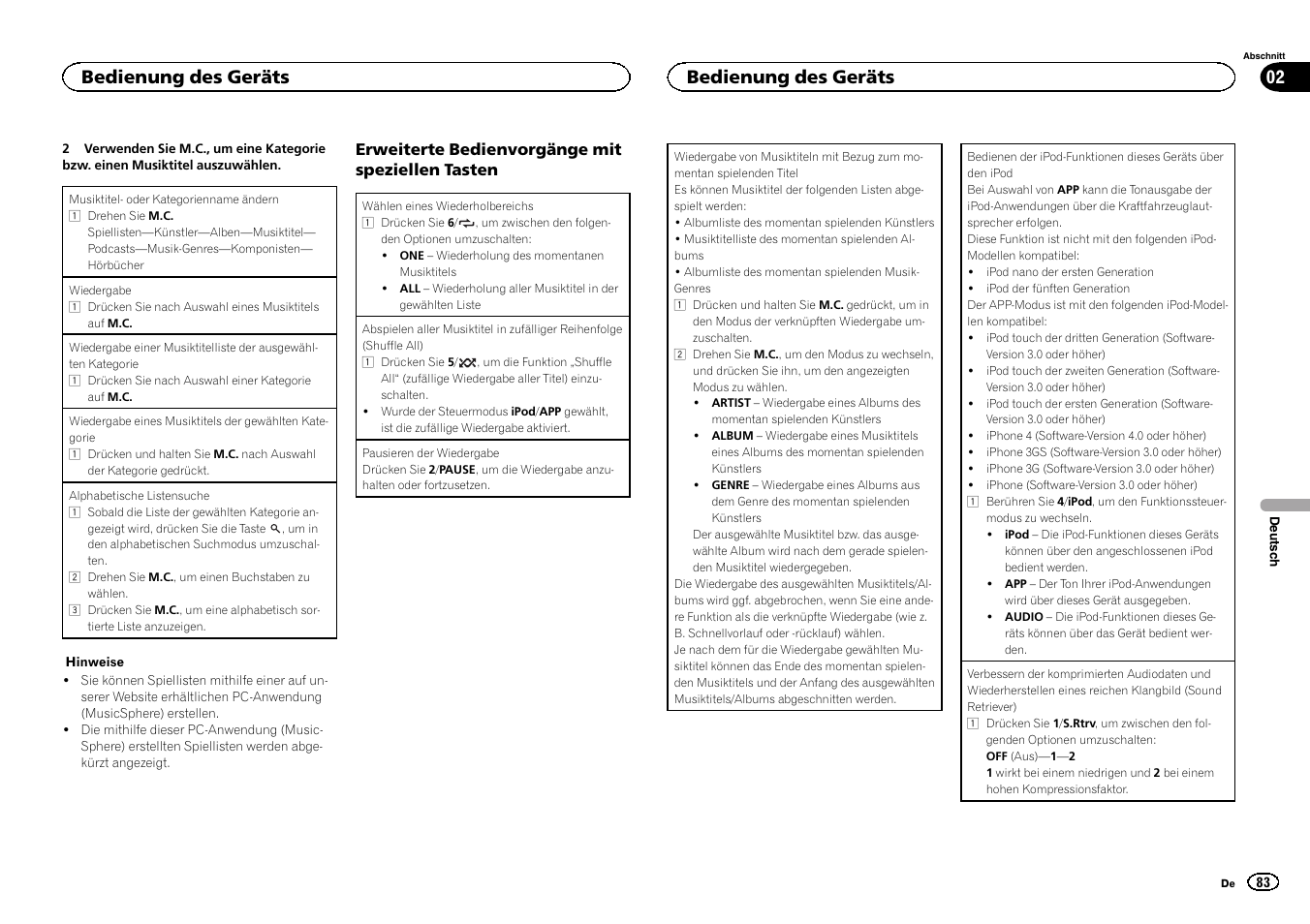 Bedienung des geräts 02, Bedienung des geräts | Pioneer DEH-6300SD User Manual | Page 83 / 136