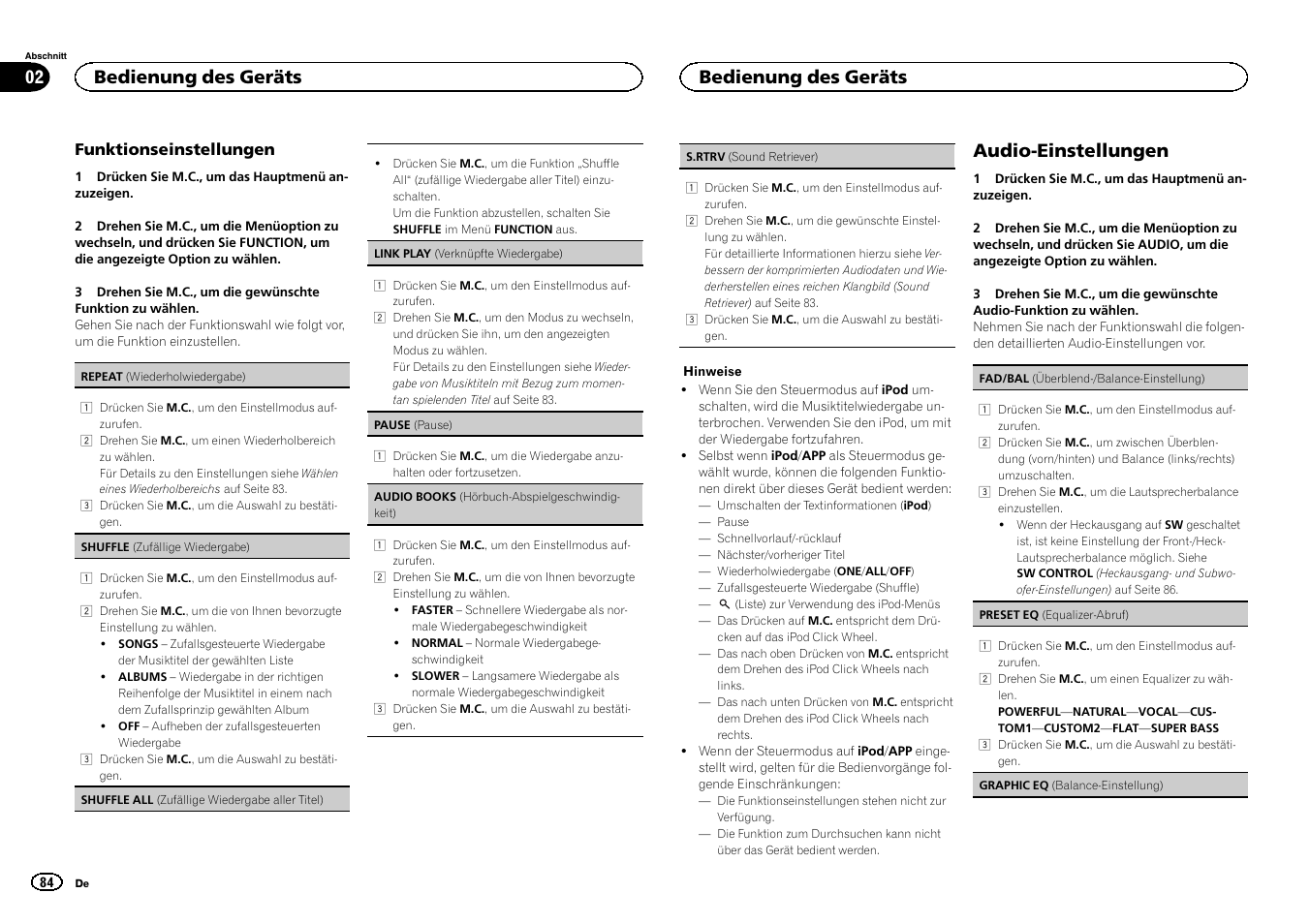 Audio-einstellungen, Bedienung des geräts 02, Bedienung des geräts | Pioneer DEH-6300SD User Manual | Page 84 / 136