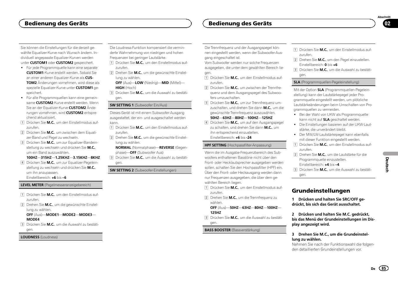 Grundeinstellungen, Bedienung des geräts 02, Bedienung des geräts | Pioneer DEH-6300SD User Manual | Page 85 / 136