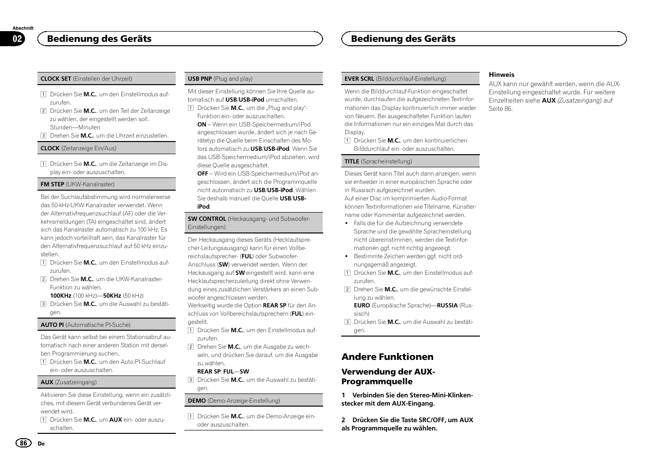 Andere funktionen, Bedienung des geräts 02, Bedienung des geräts | Pioneer DEH-6300SD User Manual | Page 86 / 136