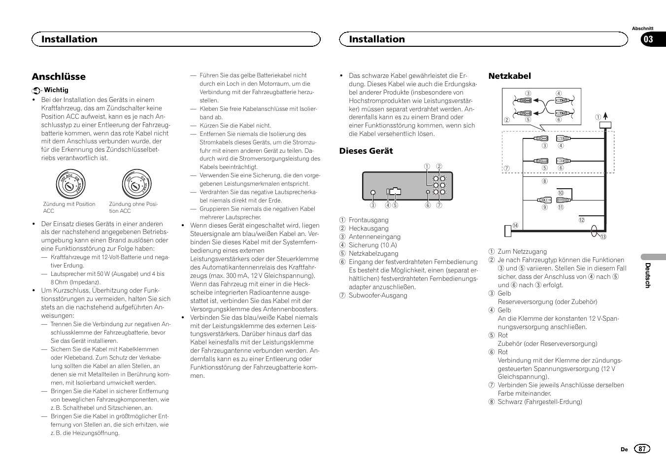 Installation anschlüsse, Anschlüsse, Installation 03 | Installation | Pioneer DEH-6300SD User Manual | Page 87 / 136