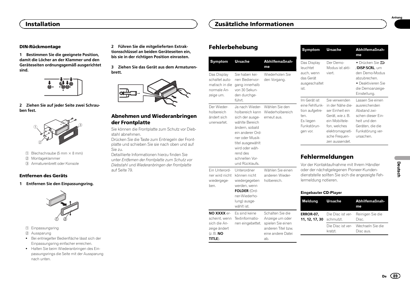 Zusätzliche informationen fehlerbehebung, Fehlermeldungen, Fehlerbehebung | Installation, Zusätzliche informationen | Pioneer DEH-6300SD User Manual | Page 89 / 136