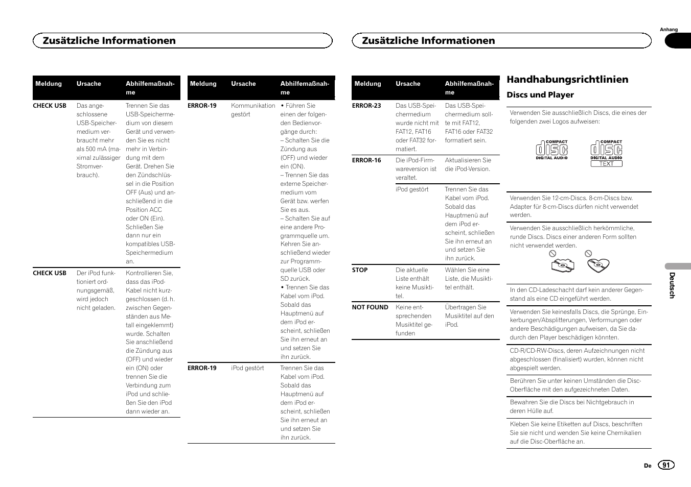 Handhabungsrichtlinien, Zusätzliche informationen | Pioneer DEH-6300SD User Manual | Page 91 / 136