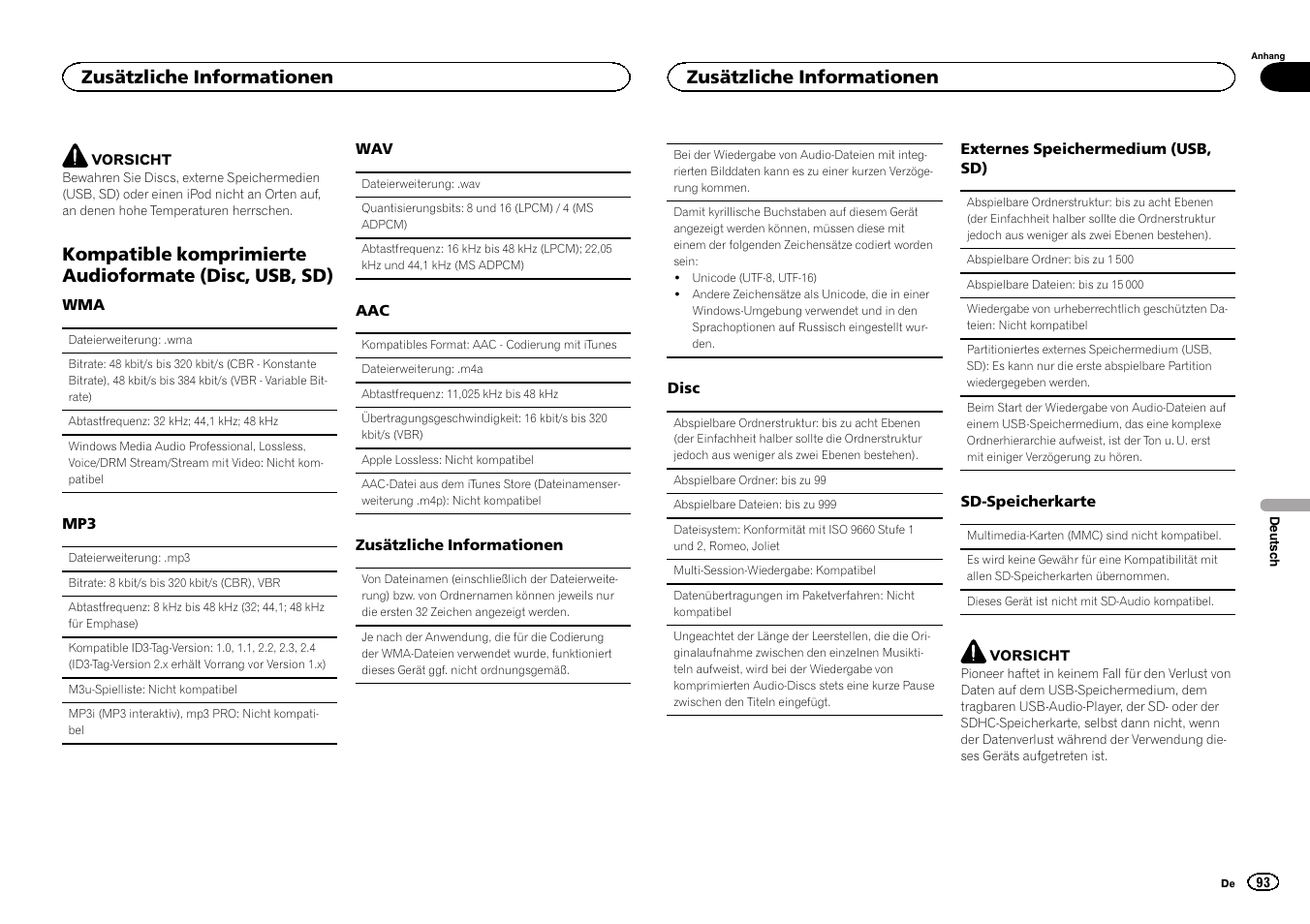Kompatible komprimierte audioformate, Disc, usb, sd), Zusätzliche informationen | Pioneer DEH-6300SD User Manual | Page 93 / 136