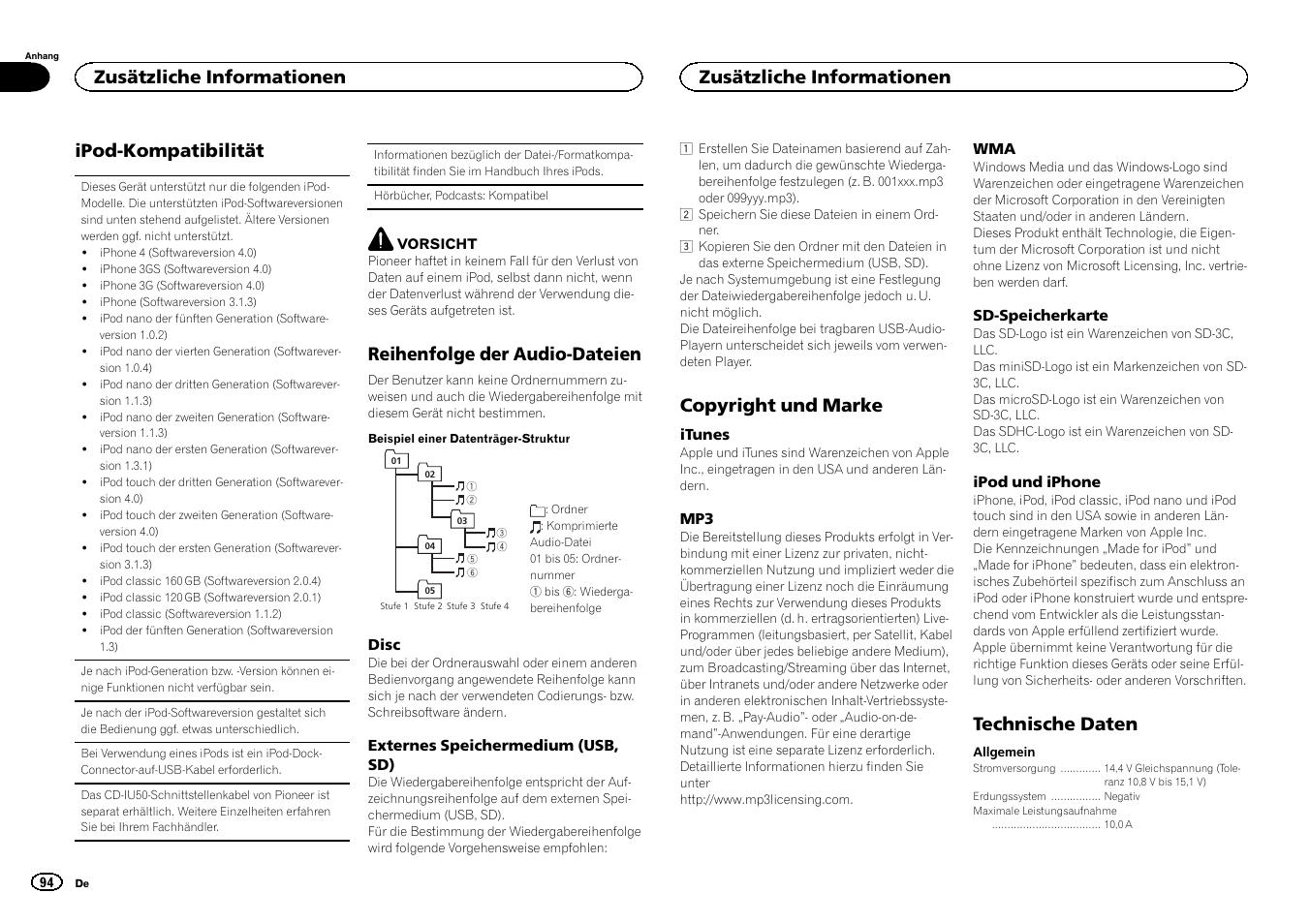 Ipod-kompatibilität, Reihenfolge der audio-dateien, Copyright und marke | Technische daten, Zusätzliche informationen | Pioneer DEH-6300SD User Manual | Page 94 / 136