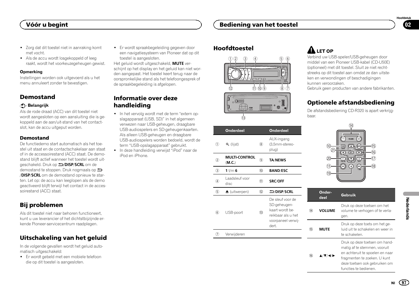 Demostand, Bij problemen, Uitschakeling van het geluid | Informatie over deze handleiding, Bediening van het toestel hoofdtoestel, Optionele afstandsbediening, Hoofdtoestel, Vóór u begint 02, Bediening van het toestel | Pioneer DEH-6300SD User Manual | Page 97 / 136