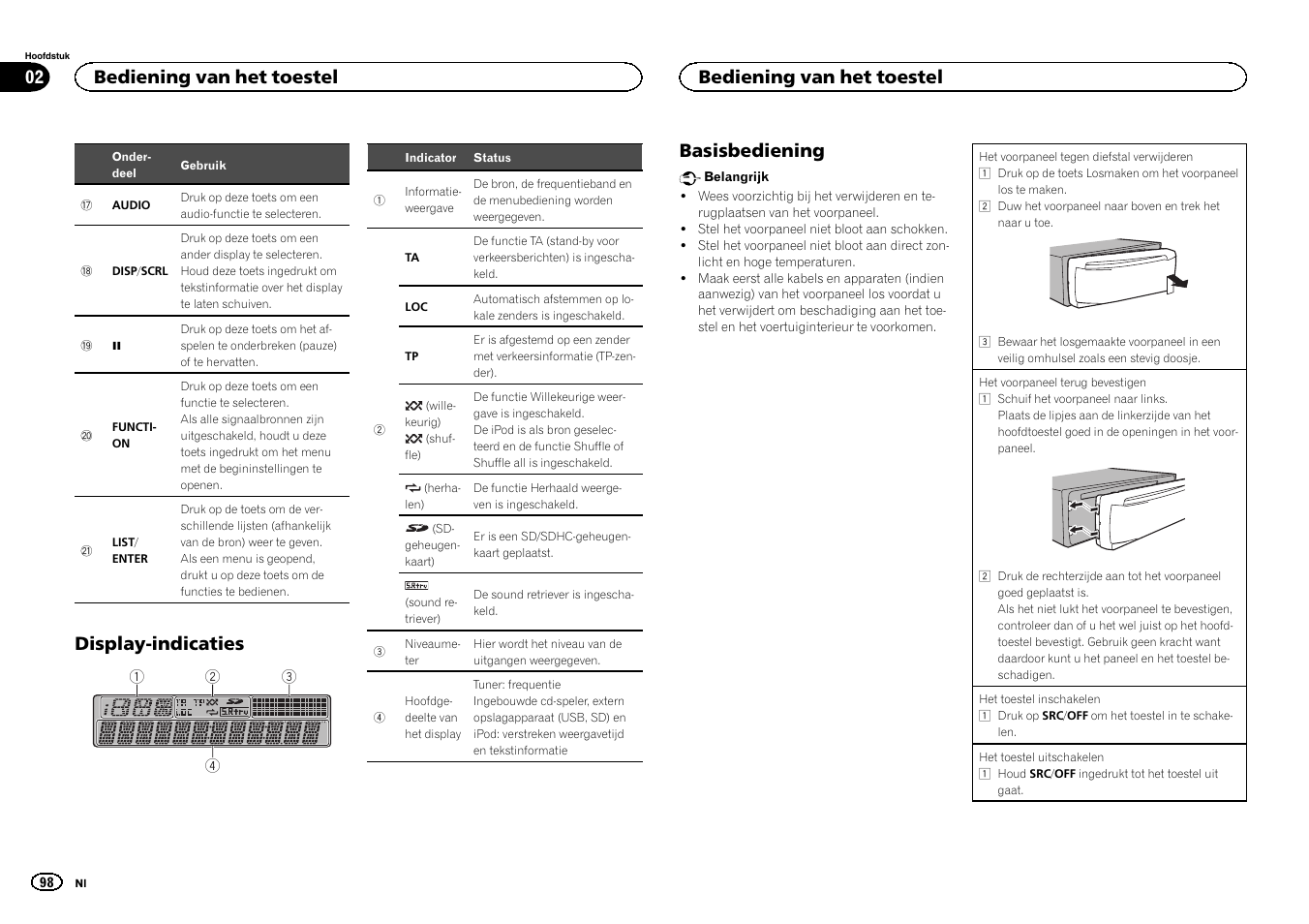 Display-indicaties, Basisbediening, Bediening van het toestel 02 | Bediening van het toestel | Pioneer DEH-6300SD User Manual | Page 98 / 136