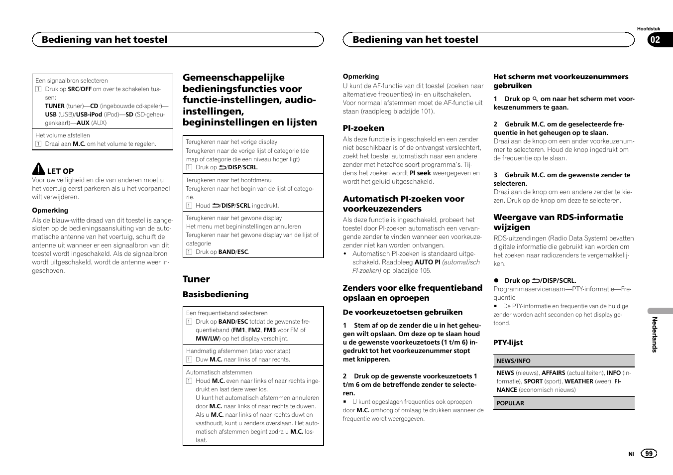 Gemeenschappelijke bedieningsfuncties, Tuner, Bediening van het toestel 02 | Bediening van het toestel | Pioneer DEH-6300SD User Manual | Page 99 / 136