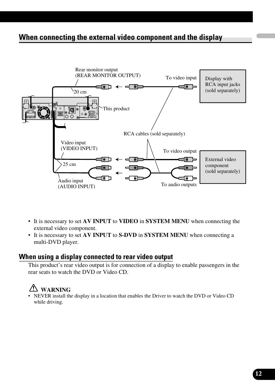 When connecting the external video, Component and the display | Pioneer AVH-P5000DVD User Manual | Page 13 / 98