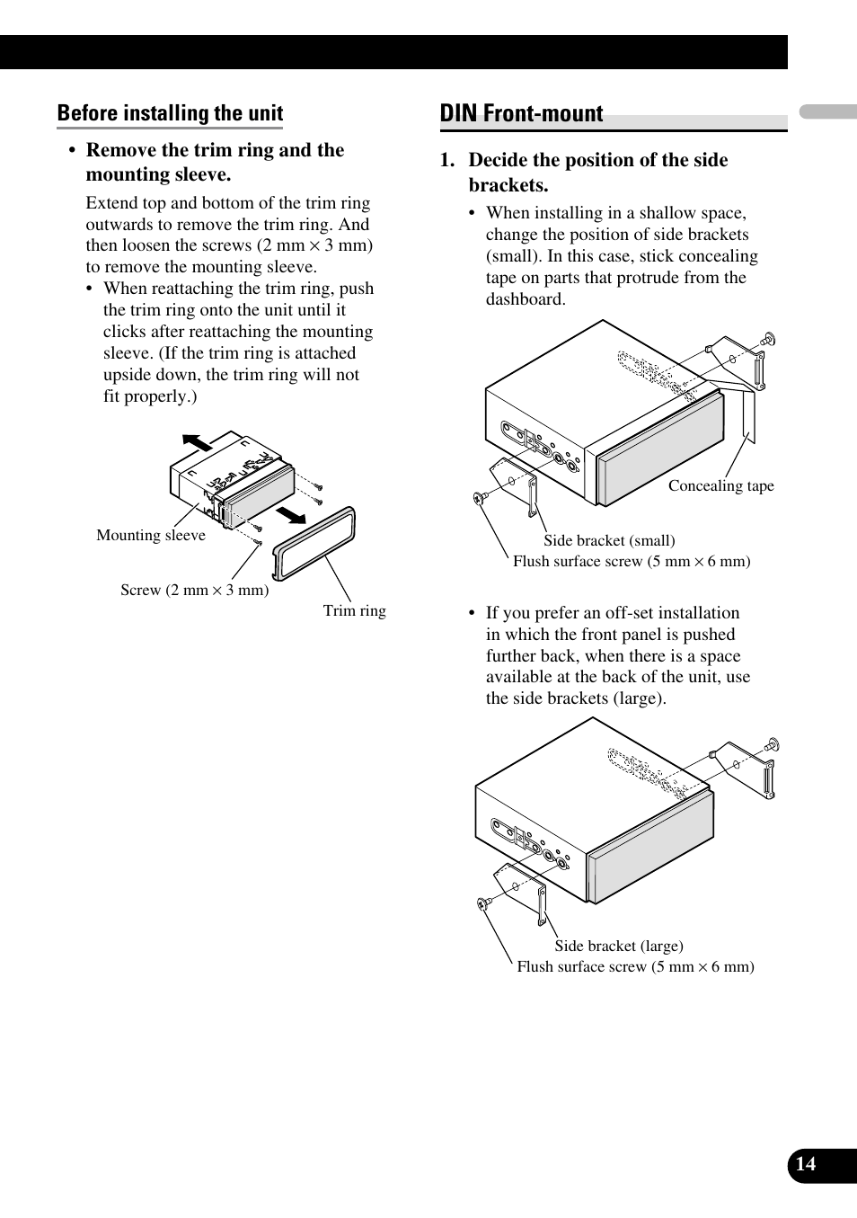 Din front-mount, Before installing the unit | Pioneer AVH-P5000DVD User Manual | Page 15 / 98