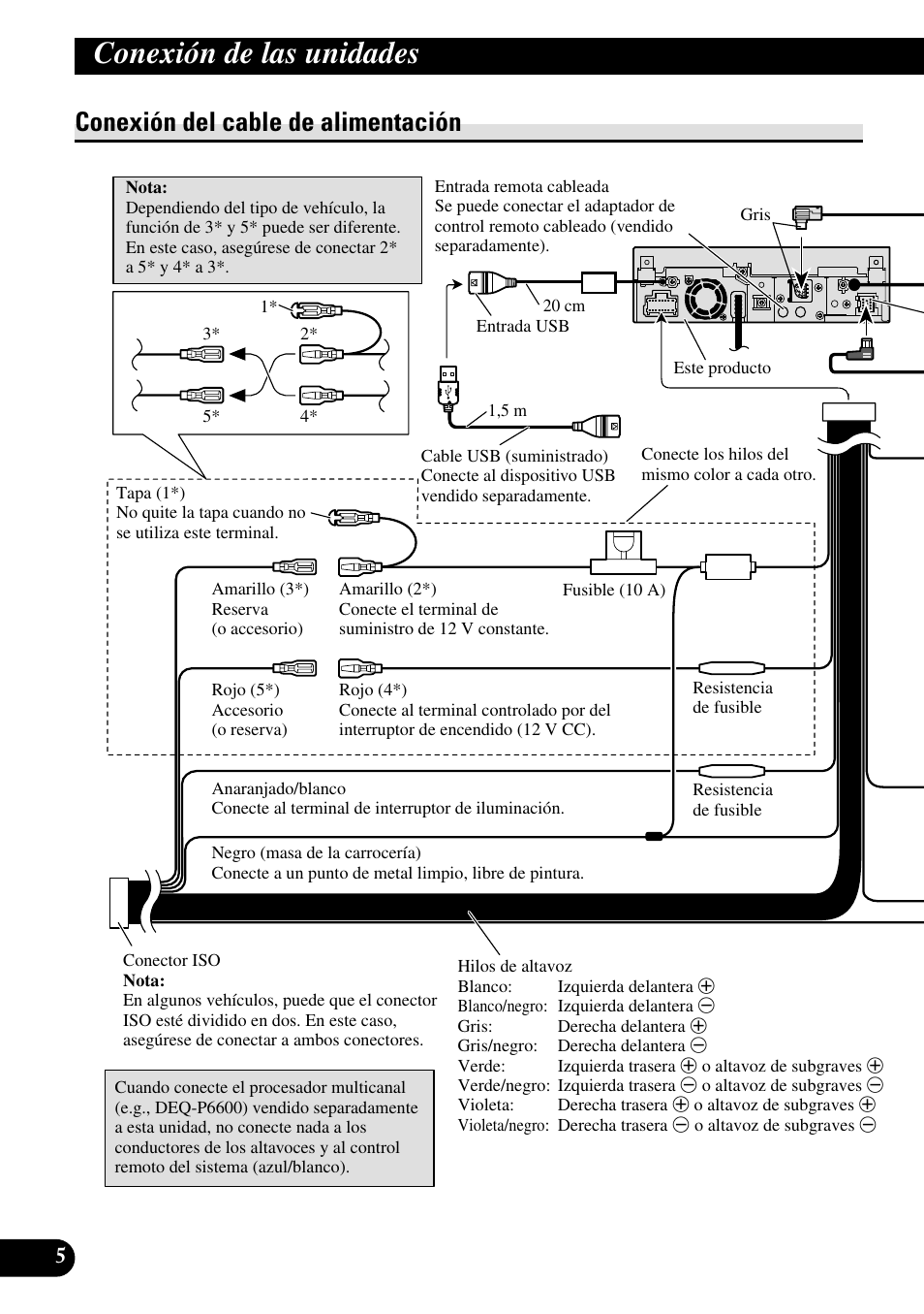 Conexión del cable de alimentación, Conexión de las unidades | Pioneer AVH-P5000DVD User Manual | Page 22 / 98