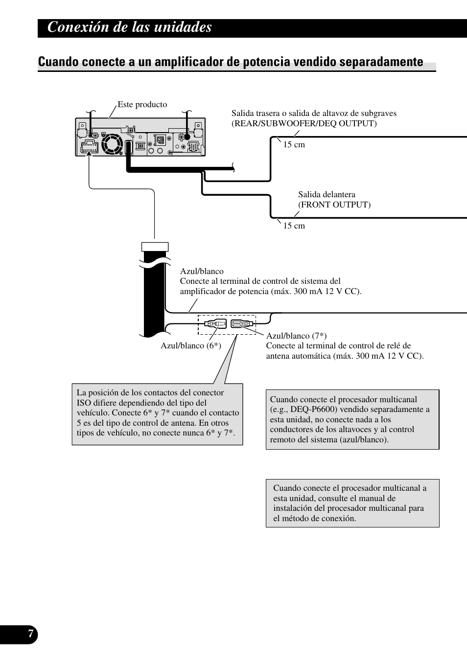 Cuando conecte a un amplificador de, Potencia vendido separadamente, Conexión de las unidades | Pioneer AVH-P5000DVD User Manual | Page 24 / 98