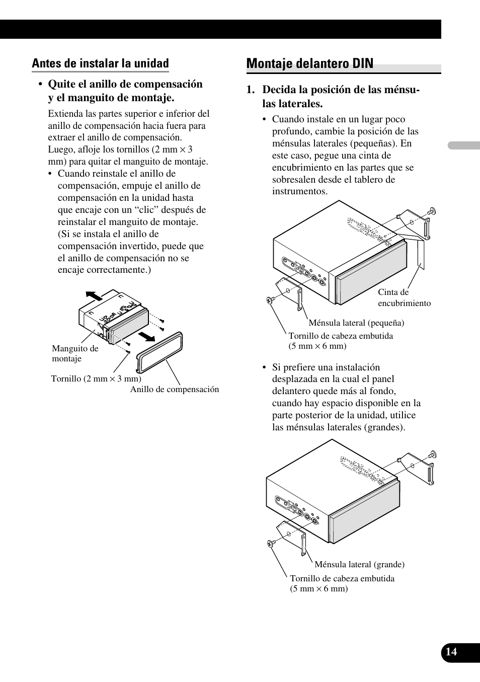 Montaje delantero din, Antes de instalar la unidad | Pioneer AVH-P5000DVD User Manual | Page 31 / 98