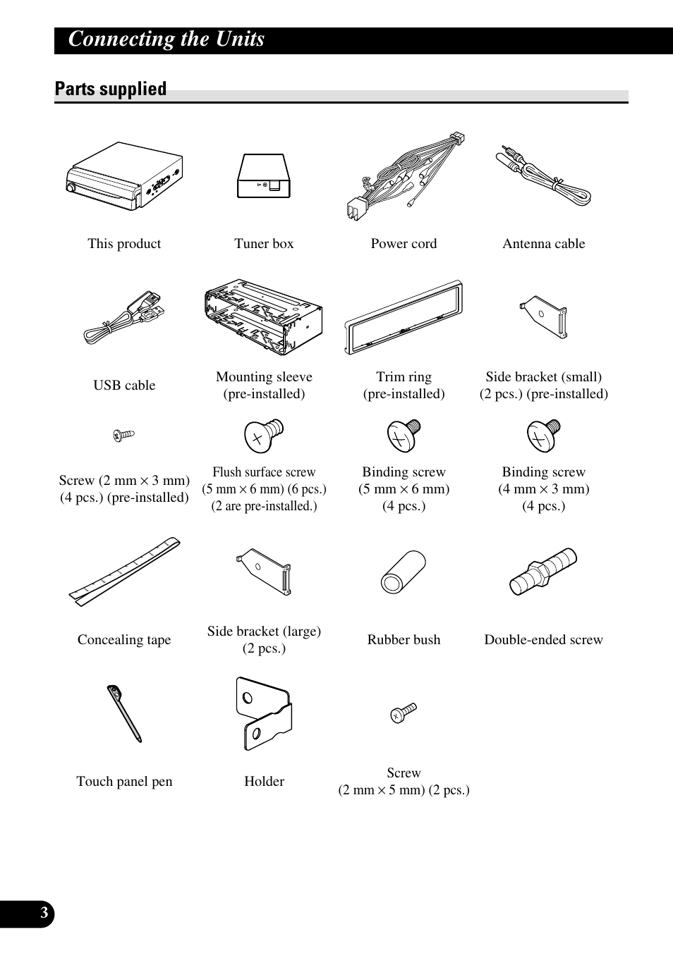 Parts supplied, Connecting the units | Pioneer AVH-P5000DVD User Manual | Page 4 / 98