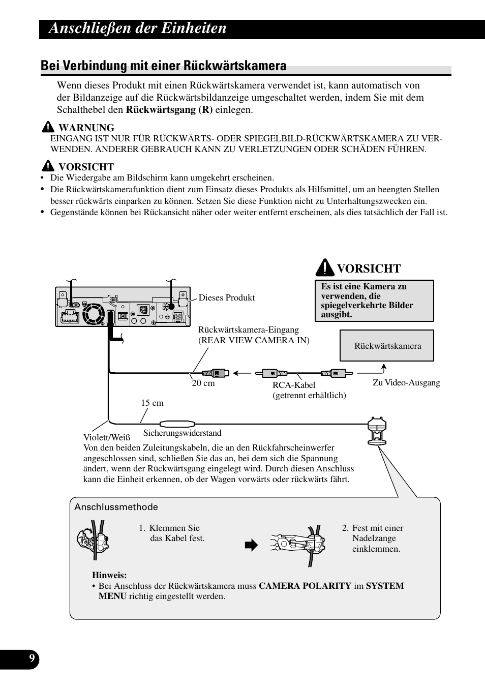 Bei verbindung mit einer rückwärtskamera, Anschließen der einheiten, Vorsicht | Pioneer AVH-P5000DVD User Manual | Page 42 / 98