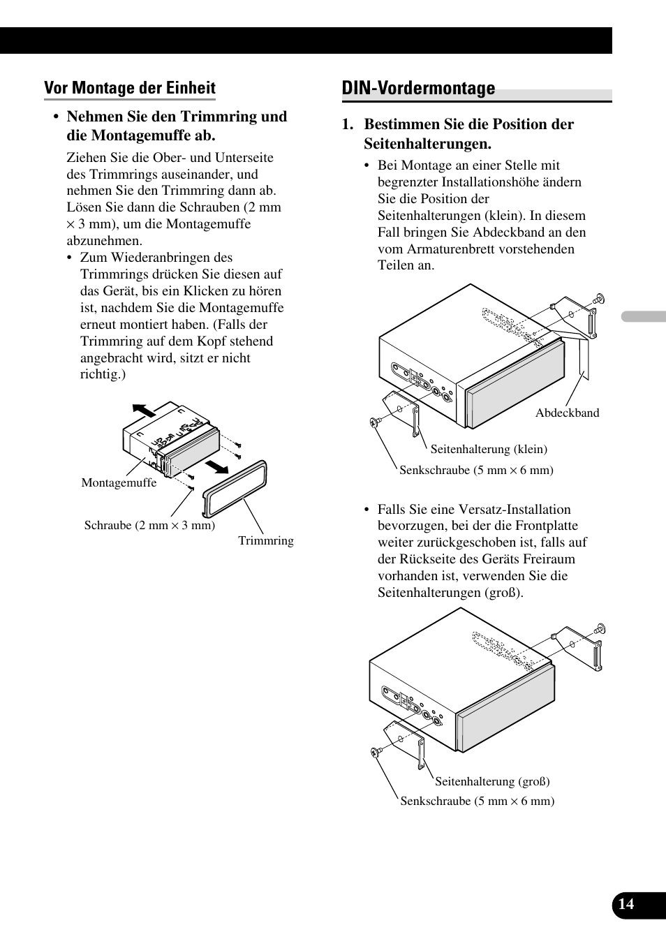 Din-vordermontage, Vor montage der einheit | Pioneer AVH-P5000DVD User Manual | Page 47 / 98