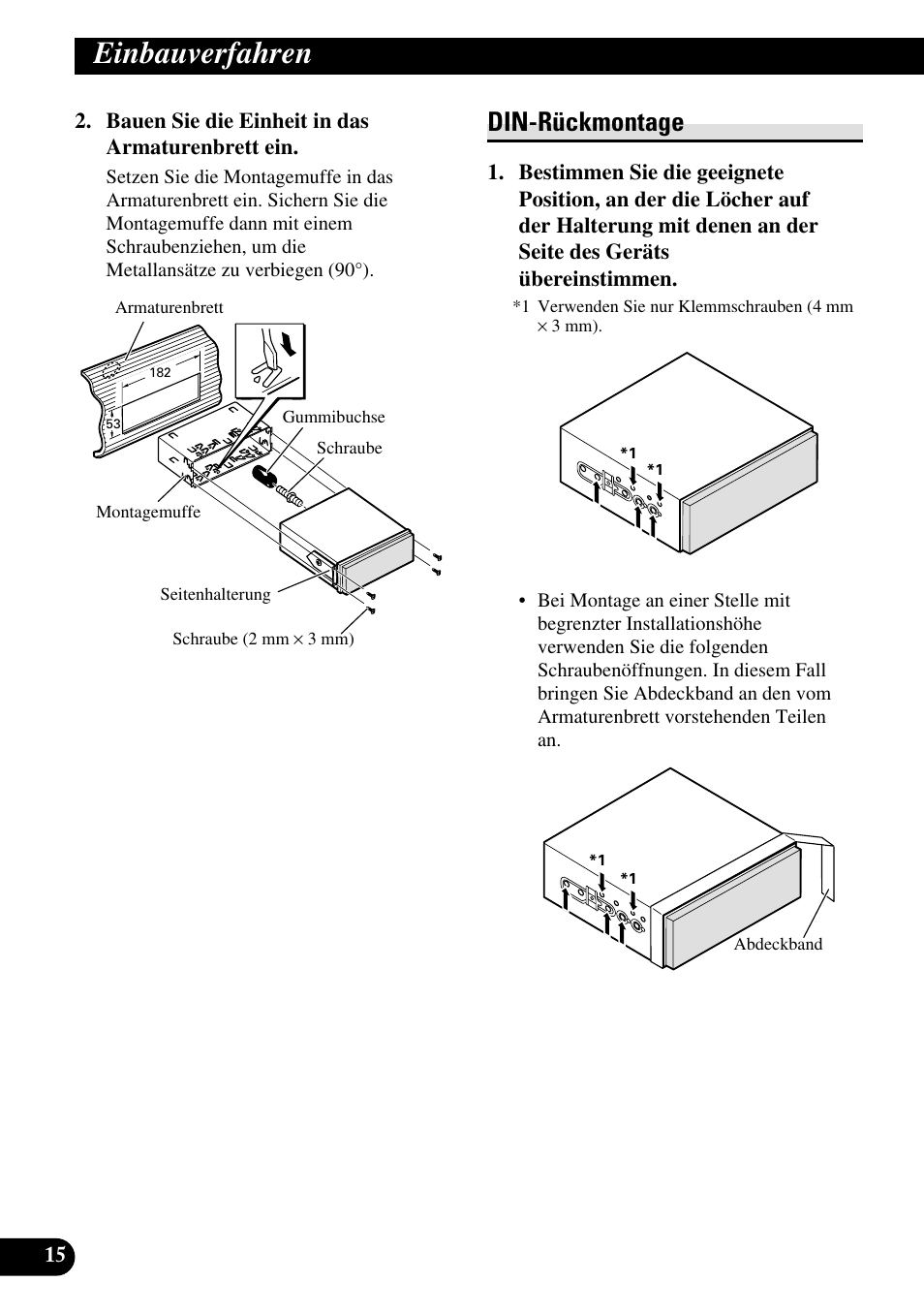 Din-rückmontage, Einbauverfahren | Pioneer AVH-P5000DVD User Manual | Page 48 / 98