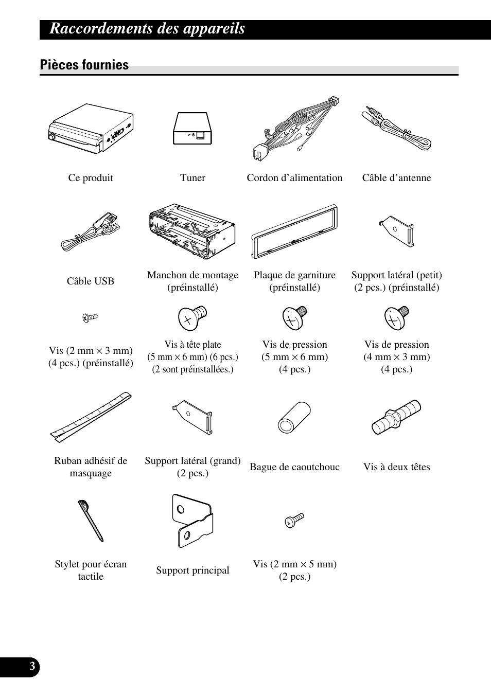 Pièces fournies, Raccordements des appareils | Pioneer AVH-P5000DVD User Manual | Page 52 / 98