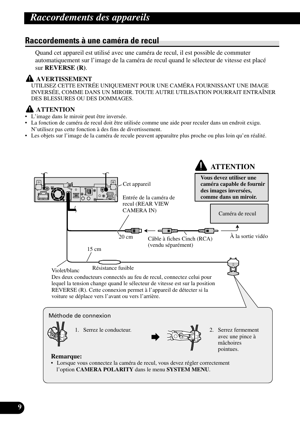 Raccordements à une caméra de recul, Raccordements des appareils, Attention | Pioneer AVH-P5000DVD User Manual | Page 58 / 98