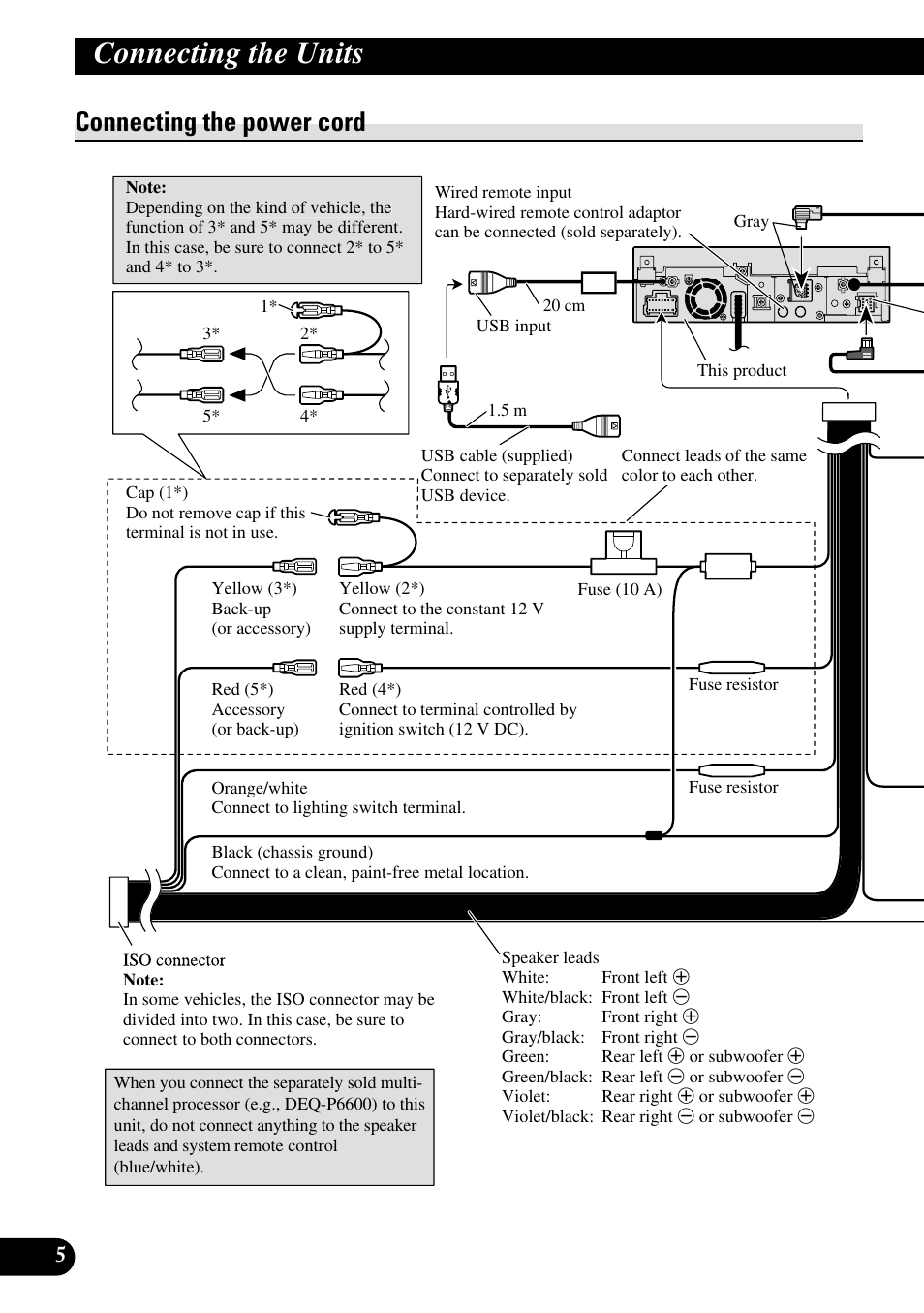 Connecting the power cord, Connecting the units | Pioneer AVH-P5000DVD User Manual | Page 6 / 98