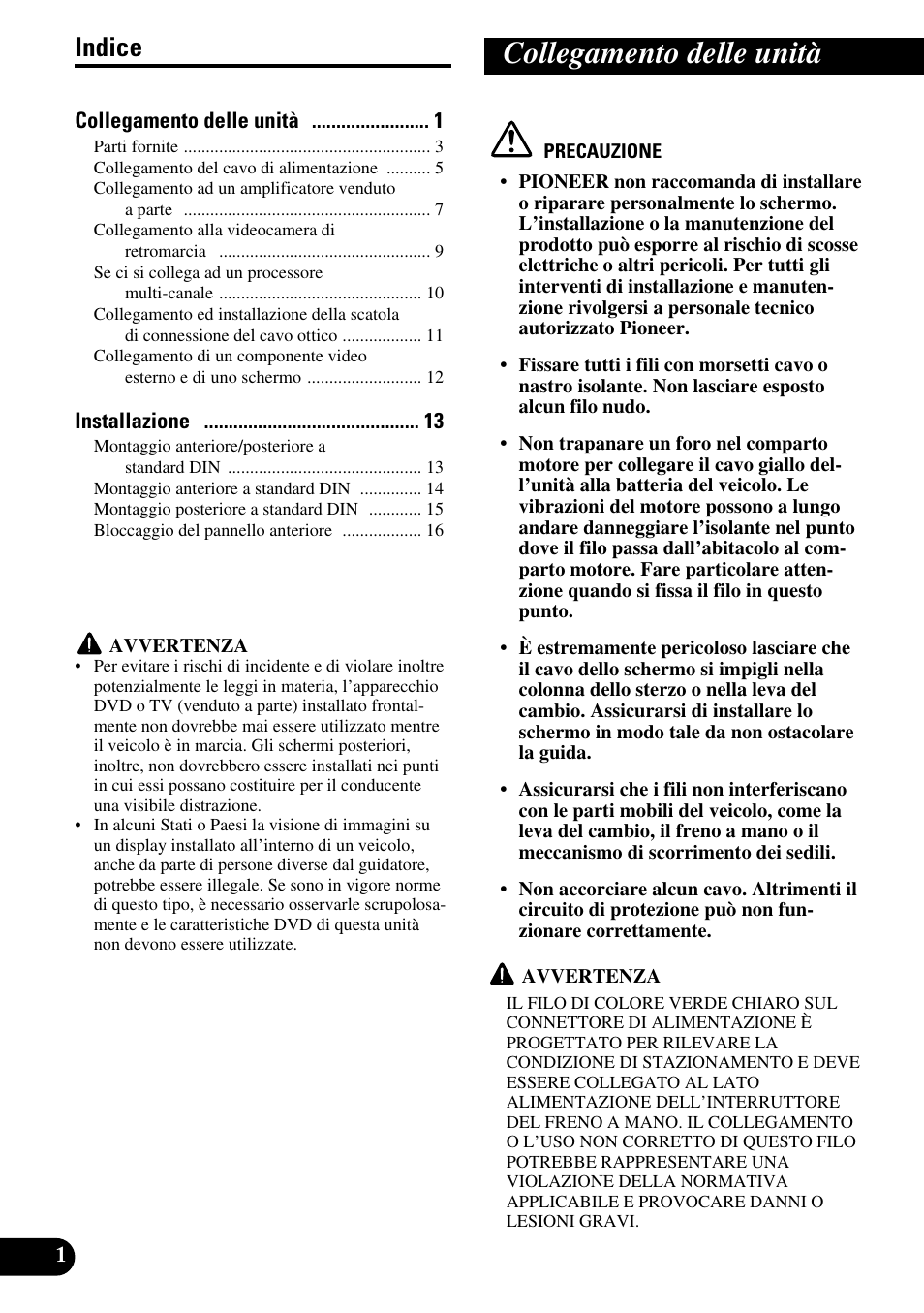 Italiano, Collegamento delle unità, Indice | Pioneer AVH-P5000DVD User Manual | Page 66 / 98