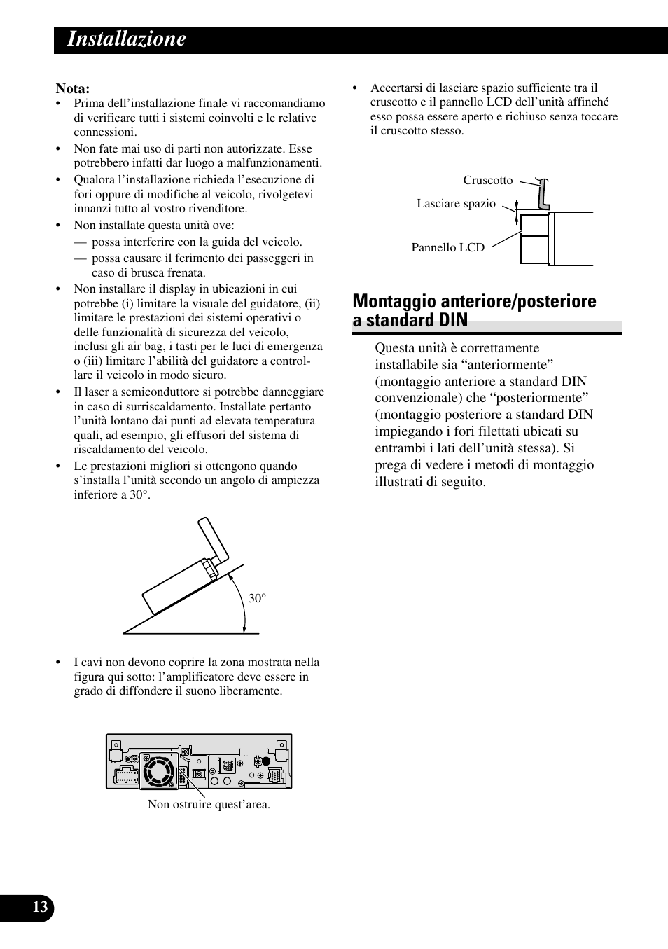 Installazione, Montaggio anteriore/posteriore a, Standard din | Montaggio anteriore/posteriore a standard din | Pioneer AVH-P5000DVD User Manual | Page 78 / 98