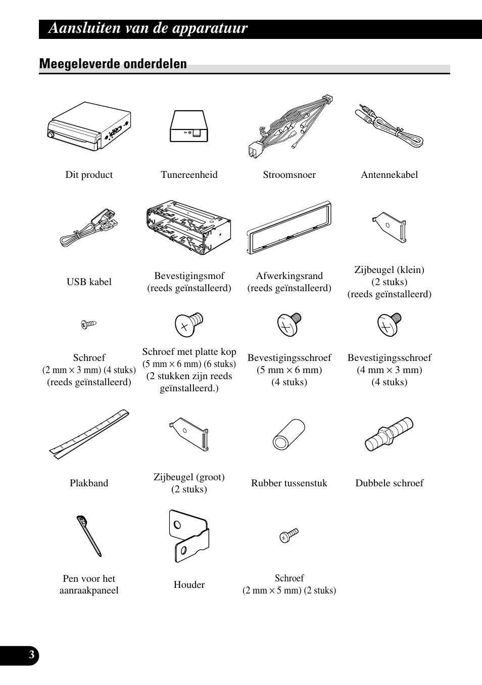 Meegeleverde onderdelen, Aansluiten van de apparatuur | Pioneer AVH-P5000DVD User Manual | Page 84 / 98