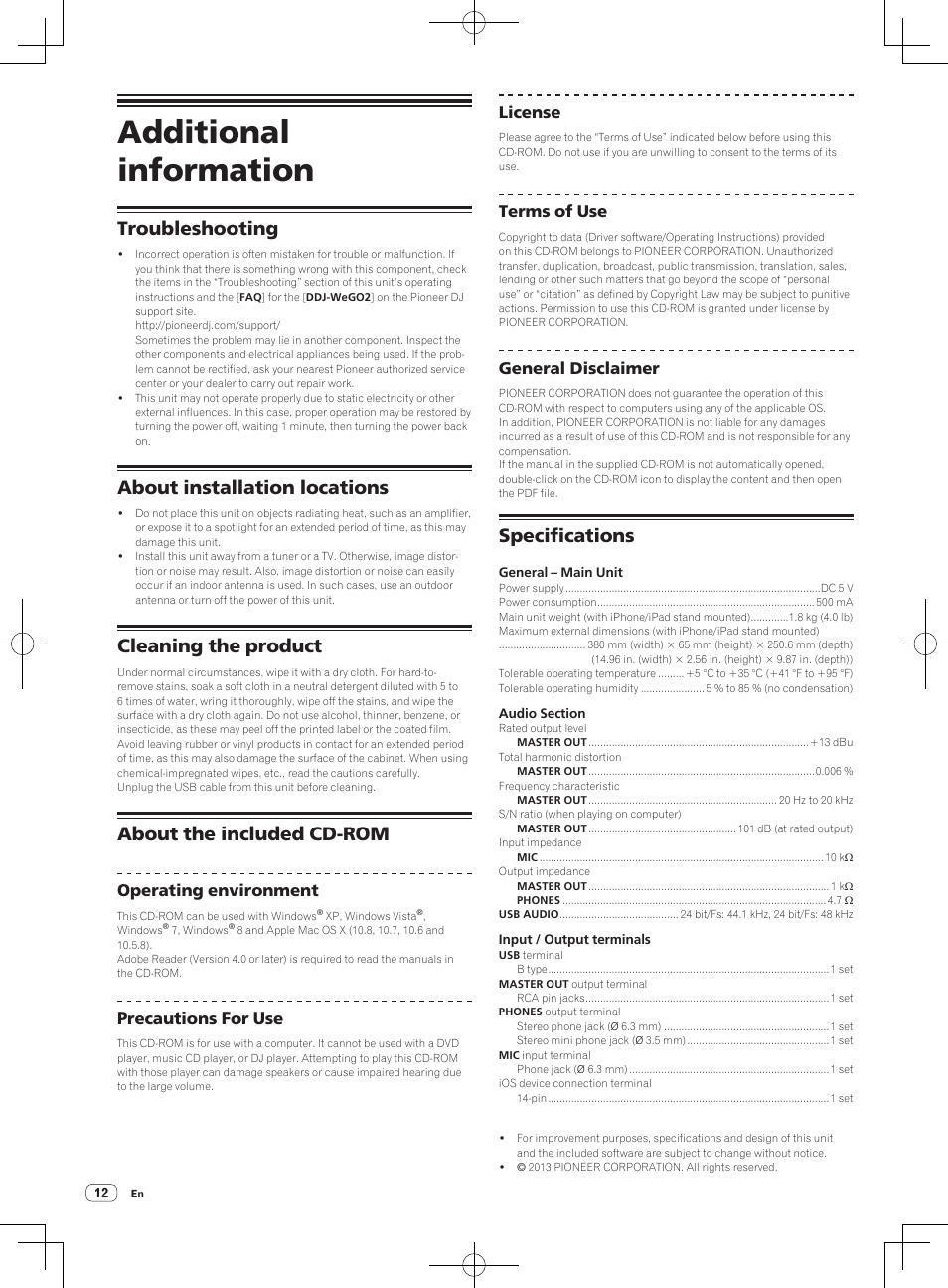 Additional information, Troubleshooting, About installation locations | Cleaning the product, About the included cd-rom, Specifications, Operating environment, Precautions for use, License, Terms of use | Pioneer DDJ-WeGO2 User Manual | Page 12 / 56