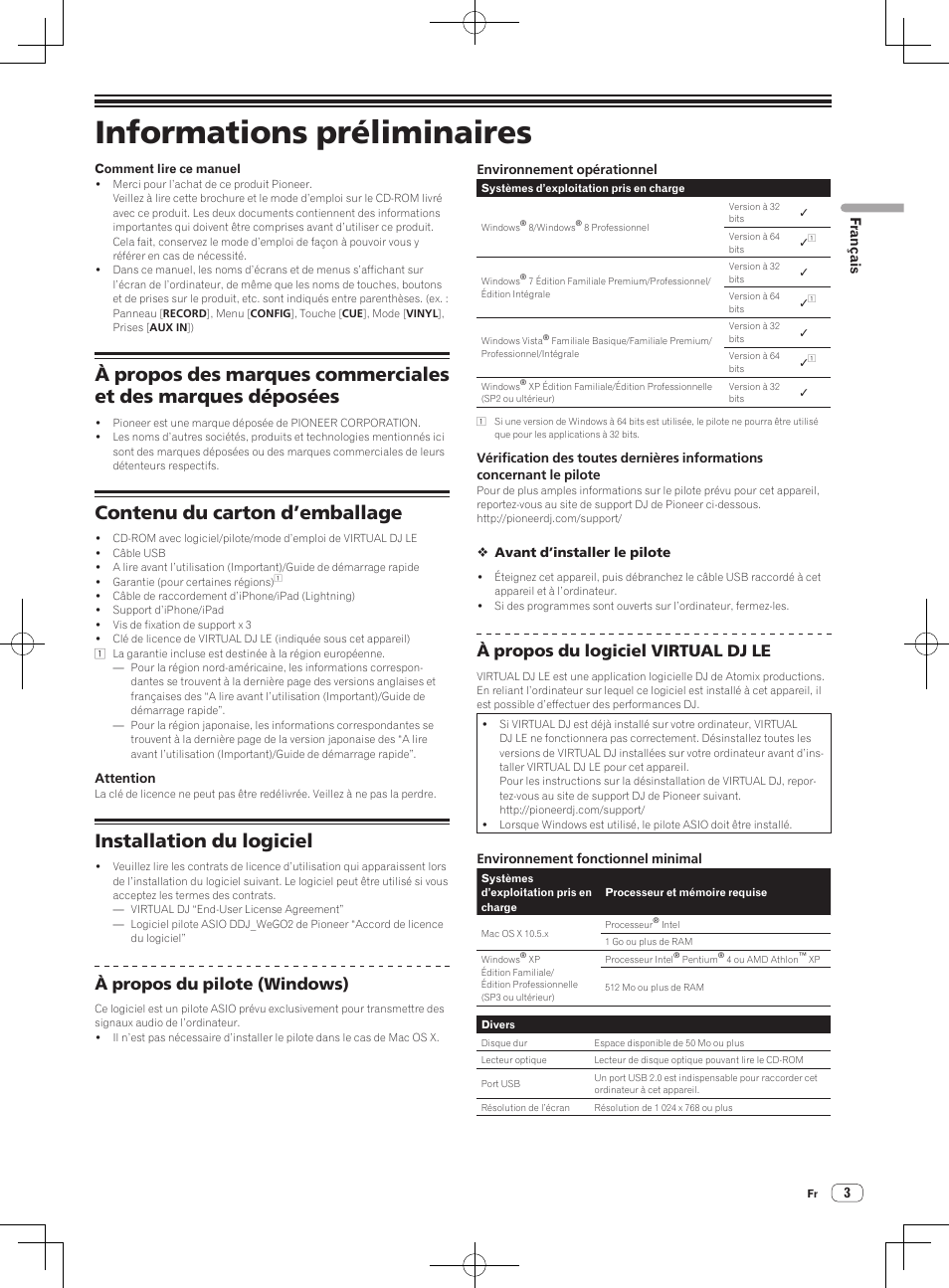 Informations préliminaires, Contenu du carton d’emballage, Installation du logiciel | À propos du pilote (windows), À propos du logiciel virtual dj le, 3français | Pioneer DDJ-WeGO2 User Manual | Page 15 / 56
