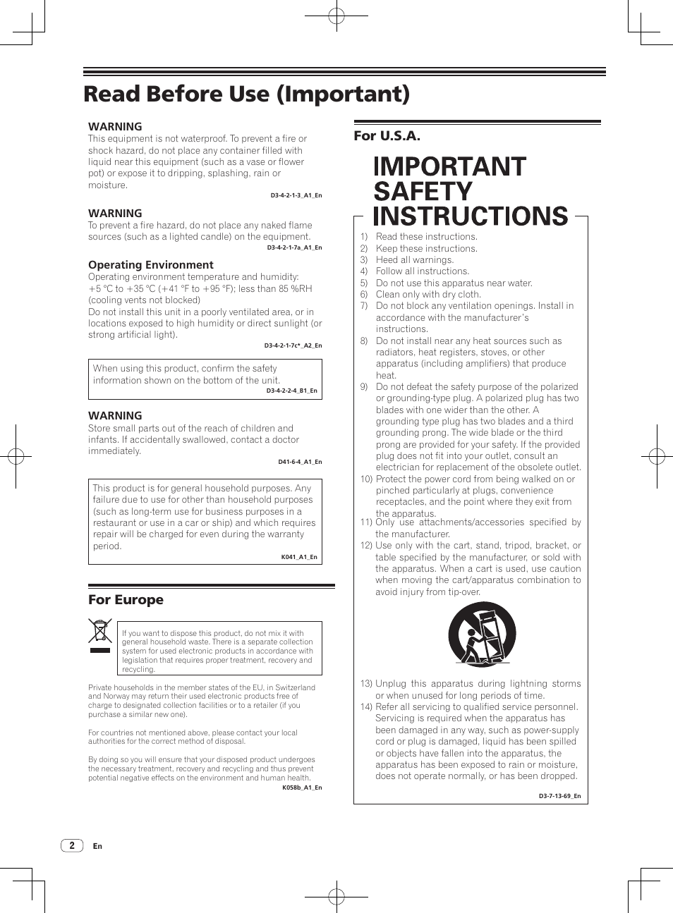 Read before use (important)/quick start guide, Dj controller, Read before use (important) | For europe, For u.s.a | Pioneer DDJ-WeGO2 User Manual | Page 2 / 56