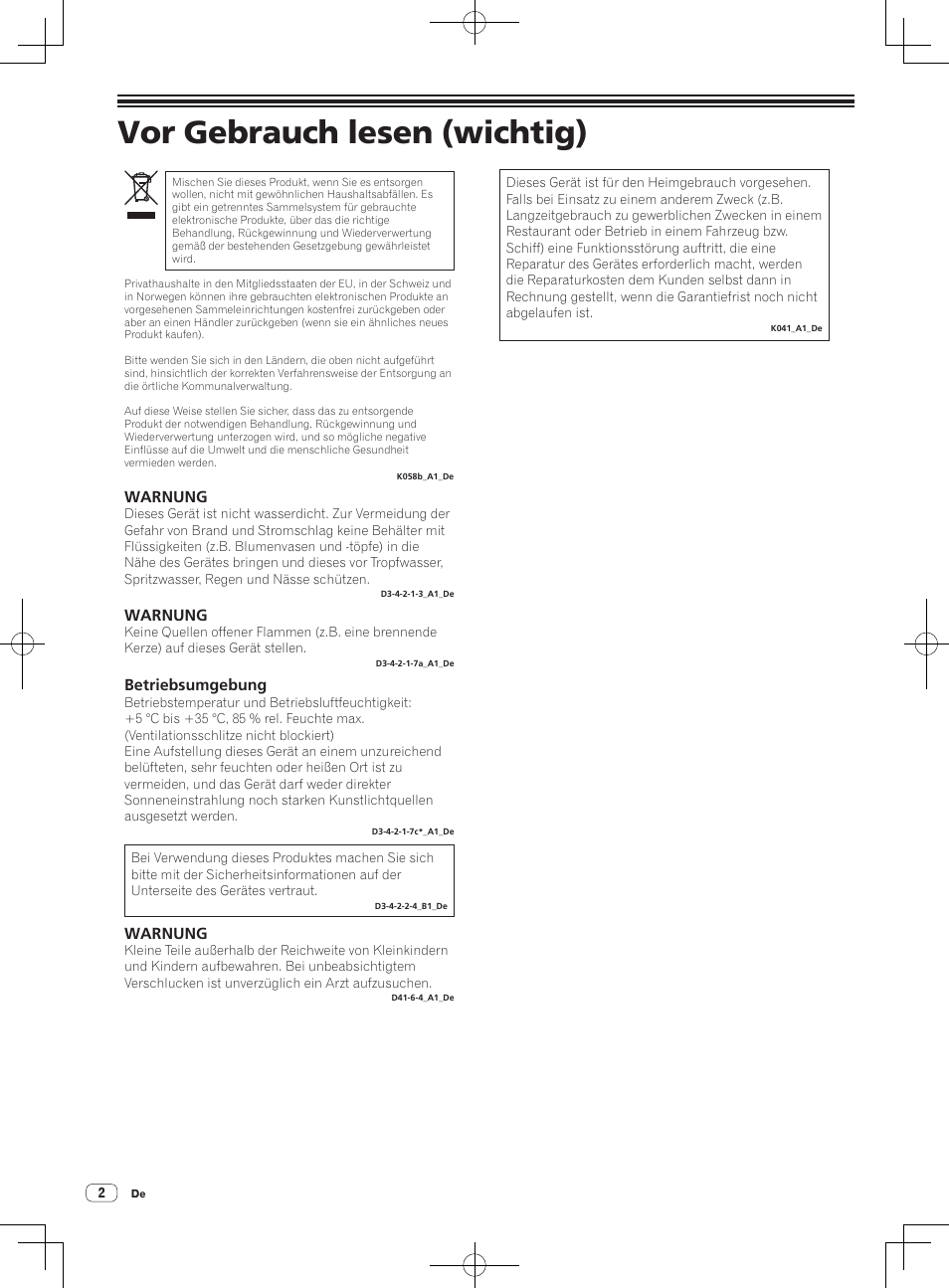 Vor gebrauch lesen (wichtig)/kurzanleitung, Dj controller, Vor gebrauch lesen (wichtig) | Warnung, Betriebsumgebung | Pioneer DDJ-WeGO2 User Manual | Page 24 / 56