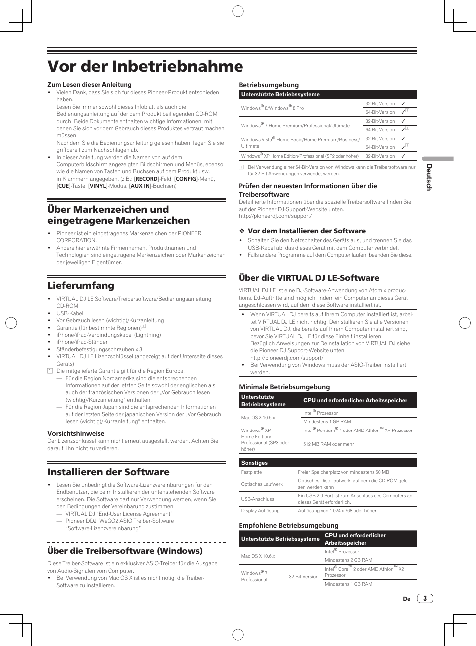Vor der inbetriebnahme, Über markenzeichen und eingetragene markenzeichen, Lieferumfang | Installieren der software, Über die treibersoftware (windows), Über die virtual dj le-software, 3deutsch | Pioneer DDJ-WeGO2 User Manual | Page 25 / 56
