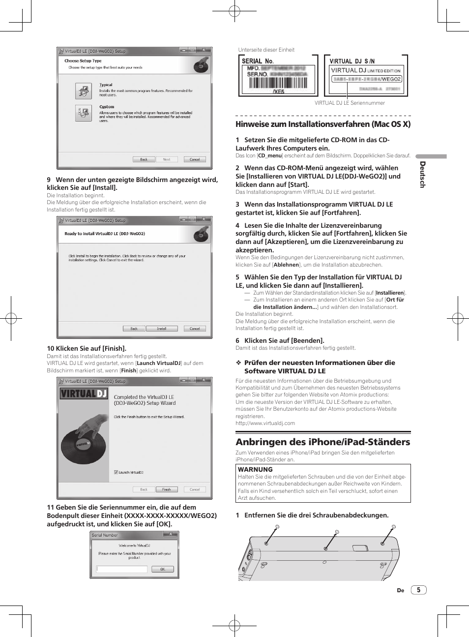 Anbringen des iphone/ipad-ständers, Hinweise zum installationsverfahren (mac os x) | Pioneer DDJ-WeGO2 User Manual | Page 27 / 56