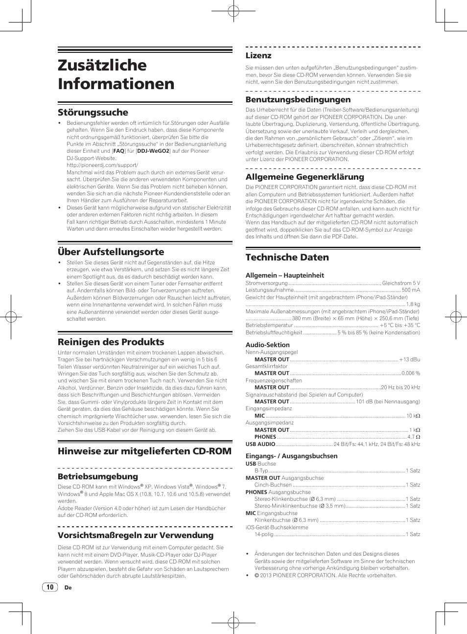 Zusätzliche informationen, Störungssuche, Über aufstellungsorte | Reinigen des produkts, Hinweise zur mitgelieferten cd-rom, Technische daten, Betriebsumgebung, Vorsichtsmaßregeln zur verwendung, Lizenz, Benutzungsbedingungen | Pioneer DDJ-WeGO2 User Manual | Page 32 / 56