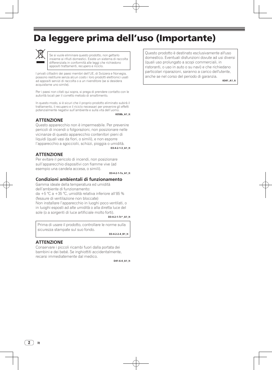 Dj controller, Da leggere prima dell’uso (importante), Attenzione | Condizioni ambientali di funzionamento | Pioneer DDJ-WeGO2 User Manual | Page 34 / 56