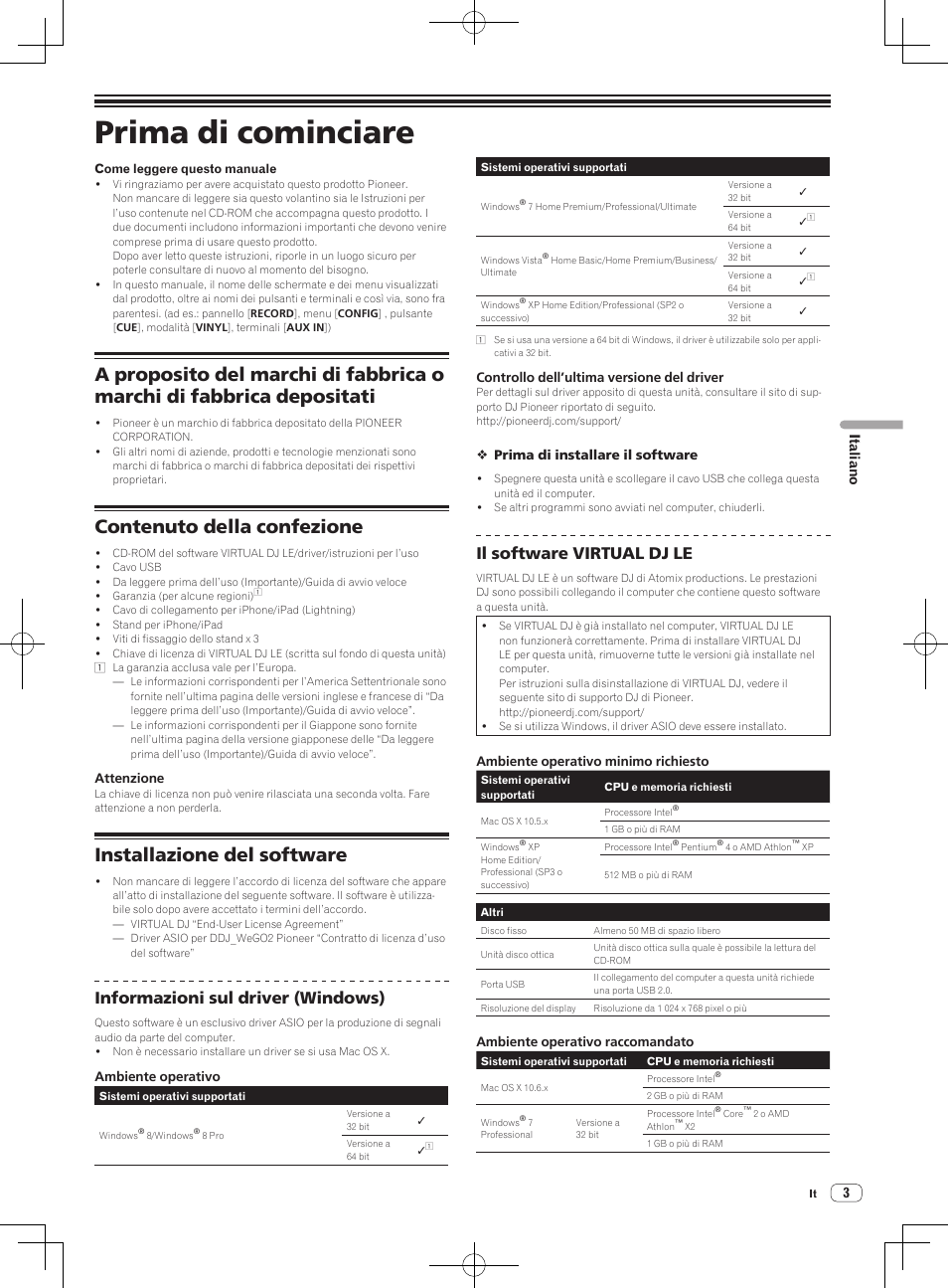 Prima di cominciare, Contenuto della confezione, Installazione del software | Informazioni sul driver (windows), Il software virtual dj le, 3italiano | Pioneer DDJ-WeGO2 User Manual | Page 35 / 56
