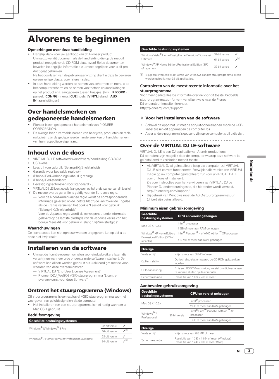 Alvorens te beginnen, Over handelsmerken en gedeponeerde handelsmerken, Inhoud van de doos | Installeren van de software, Omtrent het stuurprogramma (windows), Over de virtual dj le-software, 3nederlands | Pioneer DDJ-WeGO2 User Manual | Page 45 / 56